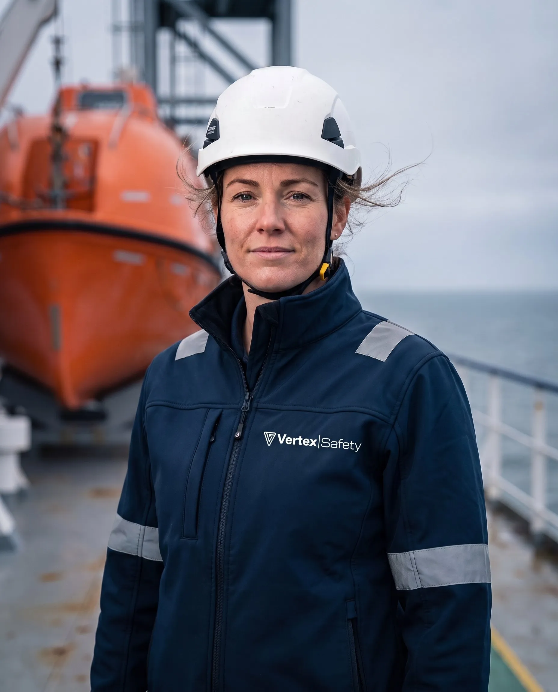 Vertex marine safety technician on a ship's deck