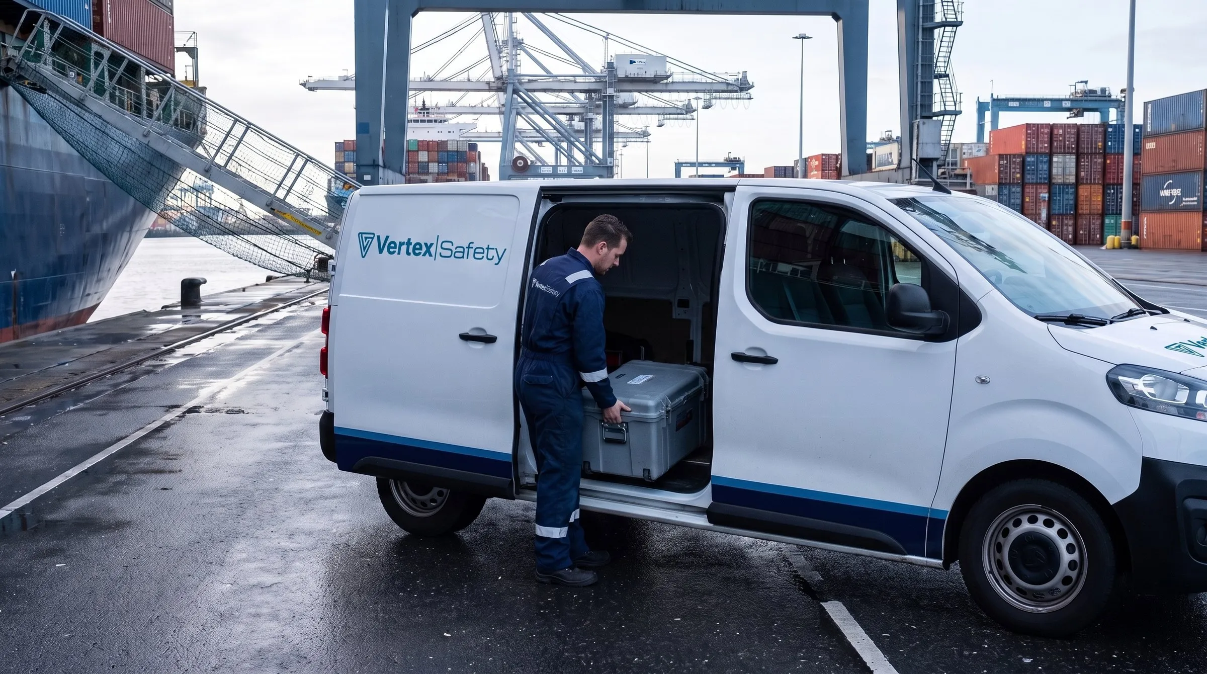 Vertex service van on the quay next to a ship gangway